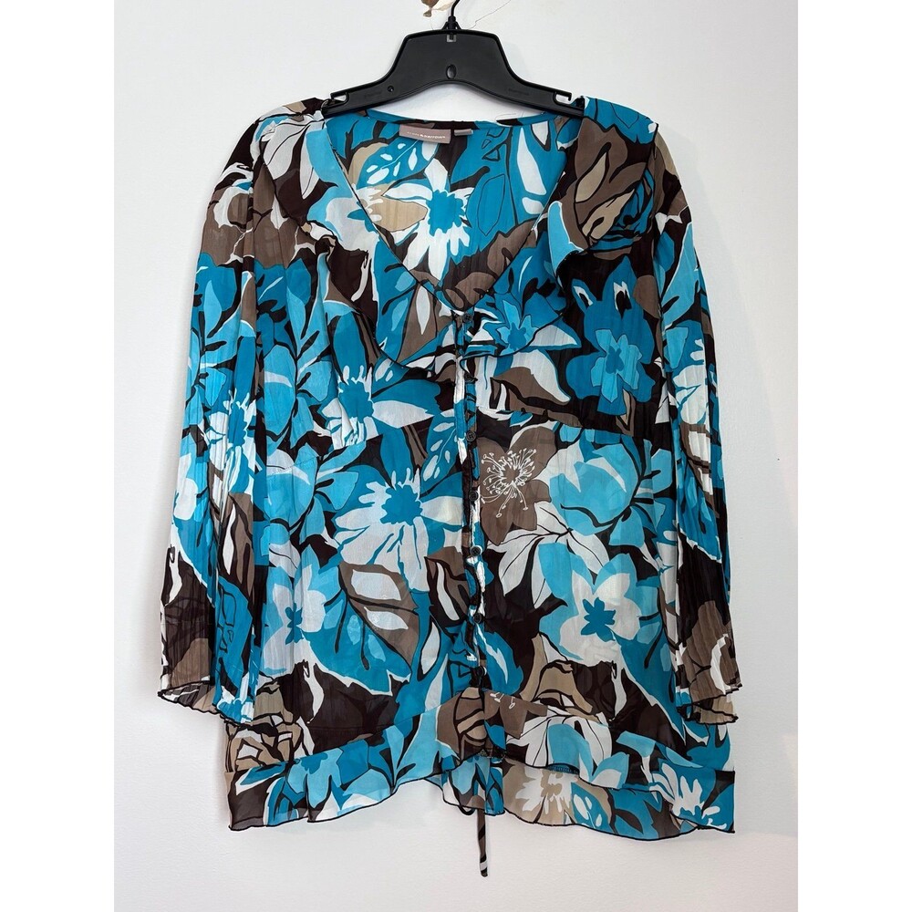 Croft & Barrow Blue Brown Sheer Floral Print Button Up Tie Back Blouse size xl